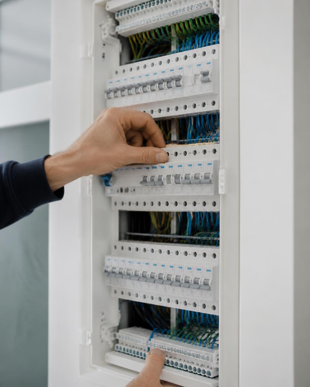 Profesional revisando un cuadro eléctrico ordenado
